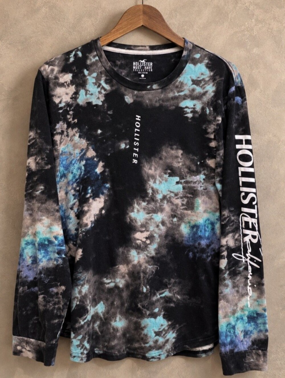 Hollister Black Tie-Dye Long Sleeve Tee with Blue Accents